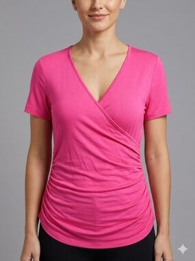 NWT Stylewe Hot Pink Ruched Faux Wrap Top V-Neck Short Sleeve Fuchsia XL